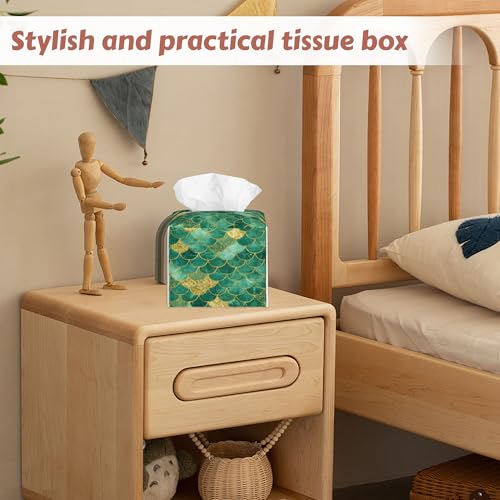 2 Pcs Tissue Box Cover Square,Mermaid Scale Tissue Box Holder Leather Facial Paper Organizer Dispenser for Bathroom Kitchen Bedroom Night Stand Office Desk - color: Mermaid Scale