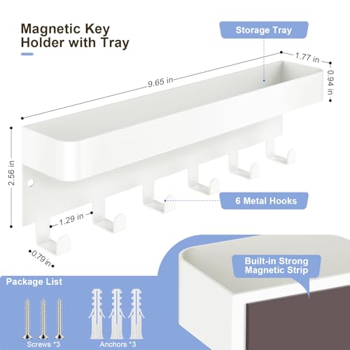 RELBRO Magnetic Key Holder for Fridge, Metal Wall Mount Key Rack with Shelf, 6 Hooks, 2 Installation Options, White - color: White