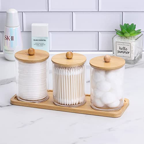 Tbestmax 10 Oz Cotton Swab/Ball/Pad Holder with Vanity Tray, Qtip Apothecary Jar, Clear Bathroom Containers Dispenser for Storage 3 Pack Wood Lids - color: Group A-beige Bamboo
