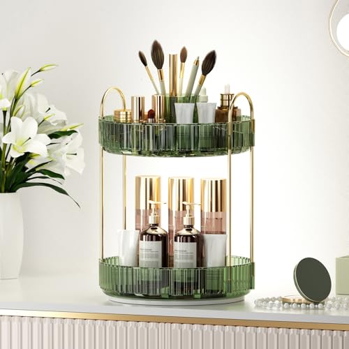 360° Rotating Makeup Organizer, Upgraded 2 Tier Skincare Perfume Organizers for Women, Bathroom Organizer Countertop, Clear Cosmetic Dresser Organizer with Makeup Brush Holder, Sink&Counter (Green) - color: Green, size: 2 Tier