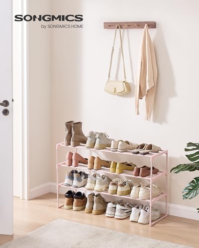SONGMICS Shoe Rack, 3-Tier Shoe Organizer, Metal Storage Shelf, Upright or Upside Down, for 16-20 Pairs, Stackable, for Entryway, 11.8 x 36.2 x 21.7 Inches, Jelly Pink ULSA303S01 - color: Jelly Pink, size: 3 Tiers (36.2"W)