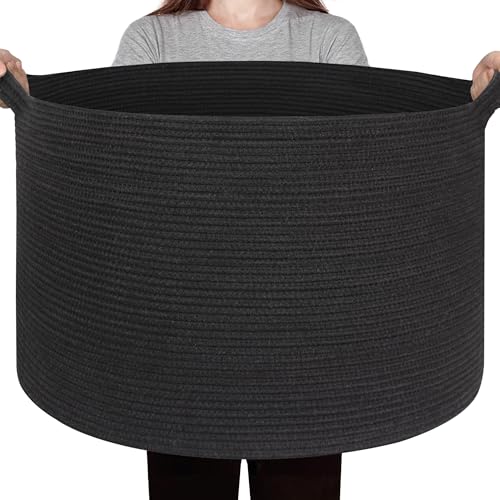 Large Black Blanket Basket, 22"x14" Woven Cotton Rope Baskets for Organizing, Kids Dog Toy Bin Box, Large Wicker Blanket Storage for Living Room, Throw Pillow Holder Organizer, Shoe Towel Bin - color: Black