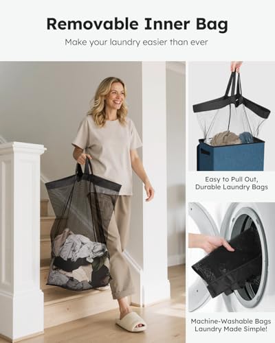 SOLEDI Laundry Hamper with Lid 90L Large & Tall Collapsible Laundry Basket, Clothes Hamper with Bag Removable Easy to Carry, Dirty Hampers for Bedroom, Bathroom, Dorm, College, Blue - color: Blue, size: 90L