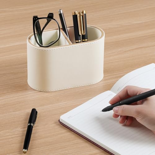 PU Leather Pen Holder for Desk, Small Remote Control Holder Pencil Cup Multifunctional Desktop Organizer Caddy for Home School Office Desk Accessories - 2 Compartments (Beige) - color: Beige