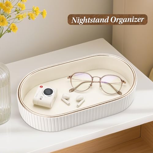 GORESE Oval Vanity Tray Perfume Organizer, PU Leather Valet Jewelry Trays Nightstand Organizer Key Bowl Trinket Dish for Entryway Dresser Bedside, Catchall Trays for Men Women, 11×5.9 in, Cream White - color: Cream White