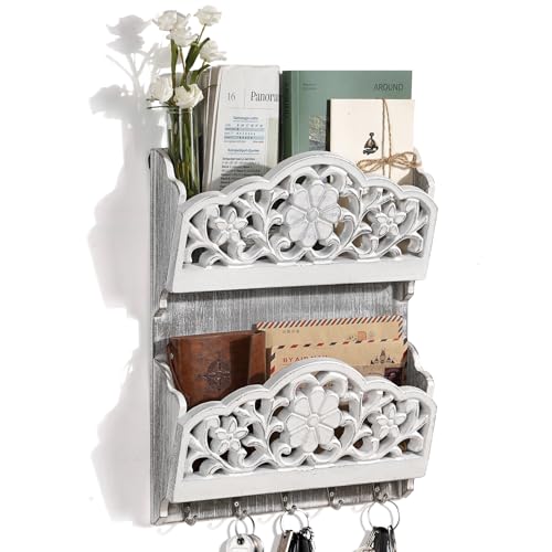 Key and Mail Holder for Wall, 2-Slot Mail Organizer Wall Mount with 5 Key Hooks, Wooden Key Hangers Wall File Organizer Letter Sorter, Key Rack for Entryway and Home Decor,Extra Wide (Extra Large) - style: Farmhouse