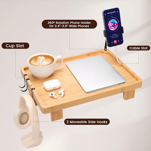 Bedside Shelf for Dorm Bed & Top Bunk, Bamboo Bed Side Table Tray with Cup Phone Holder & Hooks, Bedside Caddy, Clip on Nightstand Bedside Storage College Dorm Room Essentials (Bamboo) - color: Bamboo