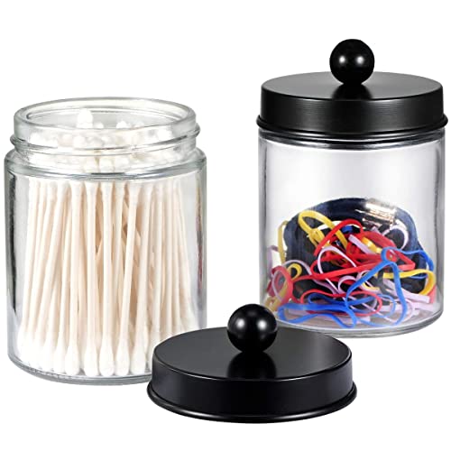 Amolliar 4 Pack Apothecary Jars Bathroom Vanity Storage Organizer Set -Countertop Canister with Stainless Steel Lids &Cute Stickers - Qtip Dispenser Holder for Qtips,Cotton Swabs,Makeup Sponges(Black) - color: Black