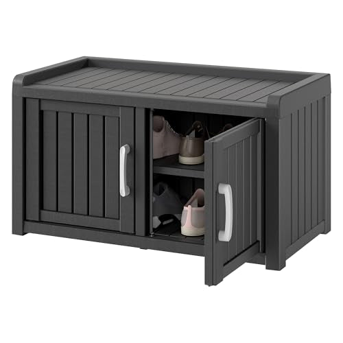 KAMABOKO Outdoor Shoe Storage Cabinet, Waterproof UV-Resistant Entryway Storage Bench Indoor Outdoor with 2 Barn Doors, Adjustable Shelves for Entryway, Bedroom, Hallway,Living Room(Black) - color: Black, size: Double Door