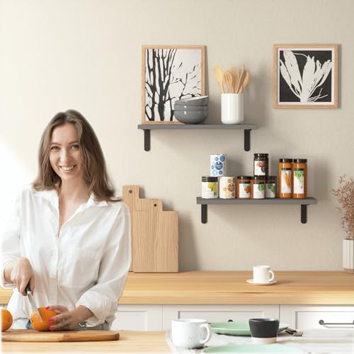 RICHER HOUSE Rustic Wood Bathroom Shelves Set of 2, Farmhouse Style Floating Shelf for Wall Décor, Hanging Shelves for Bedroom, Storage, Kitchen, Living Room - Grey - color: Grey, size: 2 Pcs:16.54in