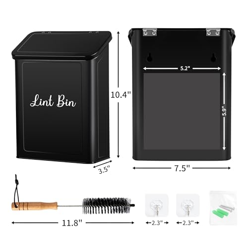 Metal Magnetic Lint Bin for Laundry Room, Wall Mounted Laundry Lint Bin with Lid & Lint Brush, Modern Farmhouse Laundry Room Decor - color: Black, size: Pattern 1