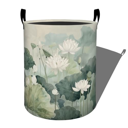 Elegant White Lotus Green Leaves Laundry Basket with Handles, 19.7"x15.7" Clothes Foldable Laundry Hamper Organizer for Dorm Nursery Bedroom Bathroom Decor, Toy Storage Bin for Kids - style: Lotus26