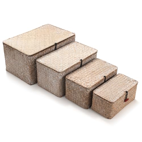 4 Pack, Wicker Baskets with Lids, Nautral Seagrass Storage Baskets, Wicker Storage Baskets for Organizing, Rustic Rectangular Storage Basket, Rattan Storage Organizer for Shelf Whitewash - color: Whitewashed (Set of 4)