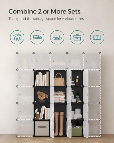 SONGMICS Cube Storage Organizer, Set of 16 Plastic Cubes, Closet Storage Shelves, DIY Plastic Closet Cabinet, Modular Bookcase, Shelving with Doors for Bedroom, Living Room, Black and White ULPC44HS - color: Black, size: 16 Cubes, style: with doors