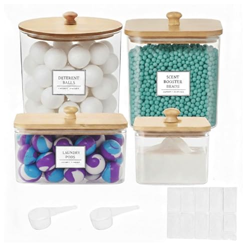 4 packs Laundry Pod Containers for Storage & Organization, Solution featuring Powder Laundry Detergent Container & dryer sheets with bamboo lids and labels. Includes scoops for powder and detergent.