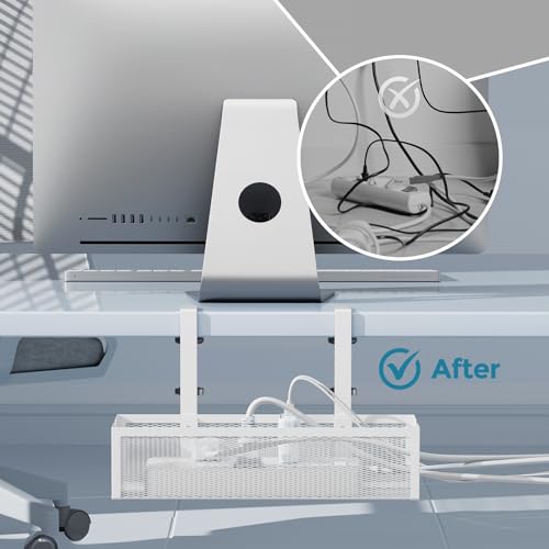 YECAYE No-Drill Metal Under Desk Cable Management Tray, Power Strip & Cable Organizer for Home Office,Under Desk Storage,Organizer Tray,White - color: White