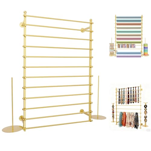 12 Layers Gold Wall Display Stand Wrapping Paper Ribbon Organizer Tie Scarf Rack Belt Towel Holder Spool Hijab Stand Metal Shelving for Home, Retail Stores, Flower Shop, Studio, Sewing-80cm - color: Gold, size: L: 31.5 in, H: 47.2 in