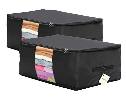 Clothing Pillow Beddings Blankets Organizer Storage Containers With Zippers,Breathable and Moistureproof. - color: Black 2pcs, size: L
