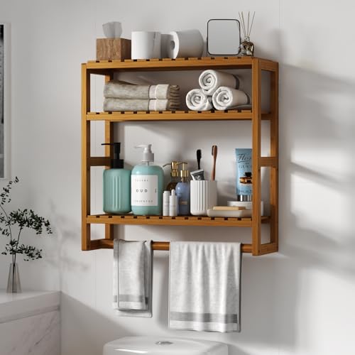 Galood Over The Toilet Storage Bathroom Shelves Wall Mounted 3 Tier Space Saver Corner Shelf Organizer Bamboo Towel Rack Toilet Paper Cabinet with Hanging Rod Brown - color: Brown 1pack, size: Standard
