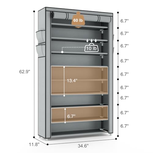 VILICK Shoe Rack with Cover Narrow Shoe Organizer with Pockets 10 Tier Tall Shoe Storage Holds 36-41 Pairs Shoes and Boots Shoe Rack for Closet Entryway Garage, Grey - color: Grey, size: 10 Tiers-34.6" Wide
