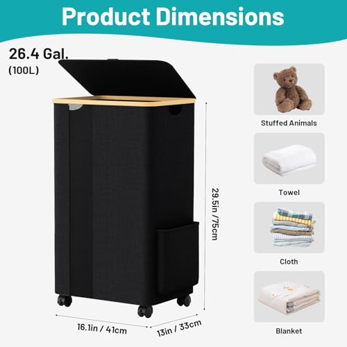 BlissTotes Laundry Basket Laundry Hamper with Lid, Collapsible Laundry Hampers, Laundry Bin, Clothes Hamper Basket with Internal Support & Wheels & Handles for Bathroom, Bedroom (100L, Black) - color: Black, size: 100L