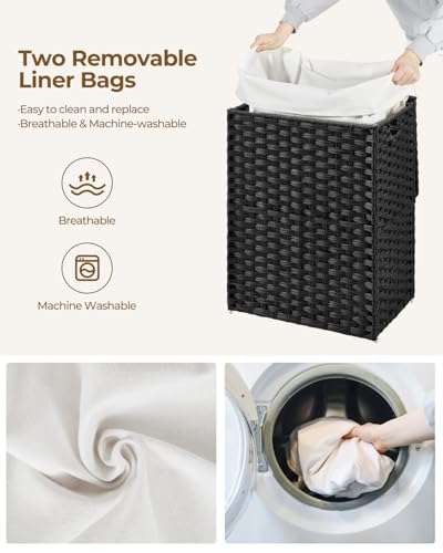 Greenstell Laundry Hamper with Lid, 90L Clothes Hamper with 2 Removable Liner Bags & 2 Mesh Laundry Bags, Handwoven Synthetic Rattan Laundry Basket for Clothes, Toys in Bathroom, Bedroom Black - color: Black, size: 90L (18.1 x 13.0 x 23.6 inches)