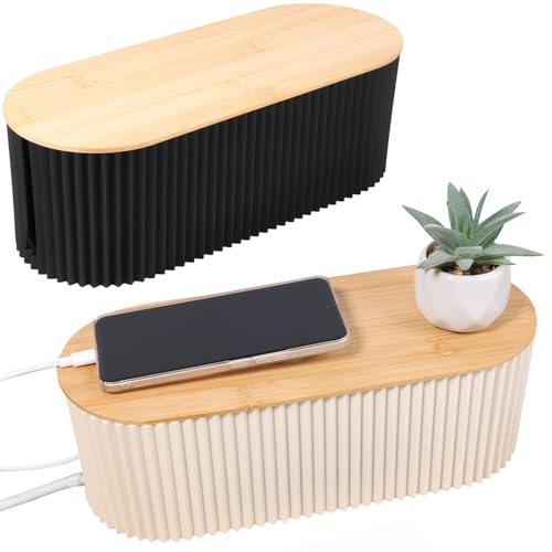 2Pcs Cable Management Box, 13 × 5.12 × 4.33 inch Plastic Cord Hider Box with Wood Lid, Hidden Storage Cord Organizer Box, Ample Internal Space Power Strips Cover Easy Access for Home Office
