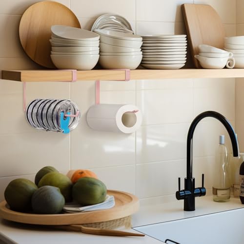 2 Pack Tumbler Lid Organizer, Horizontal Tumbler Lid Storage Hook Up to 20 Lids, Space Saving Cup Lid Holder Under Cabinet Tumbler Lid Hook for Kitchen Organizer, Paper Towel Hanger(Round&Flat, Pink) - color: Pink, size: 2 Pack(Round&Flat)