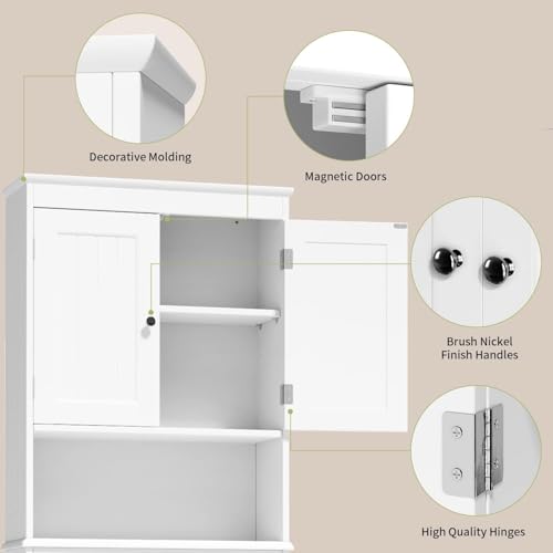 Gizoon Over the Toilet Storage Cabinet with Adjustable Shelf and Double Doors, Bathroom Space Saver Organizer Above Toilet with Open Shelf, Taller Wooden Free Standing Toilet Rack -White - color: White