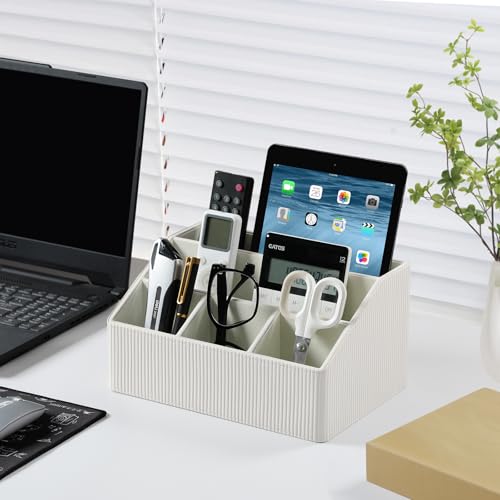 Remote Control Holder with 5 Compartments for Office Art Supplies, PU Leather Nightstand Organizer Pencil Pen Desk Caddy for Home, Desktop TV Remote Control Organizer Storage (Striped Ivory) - color: Striped Ivory