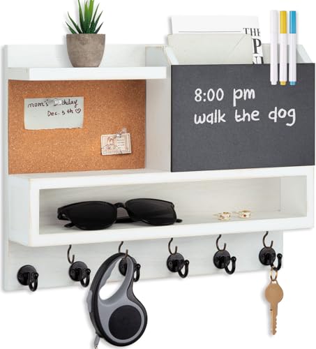 Key Holder for Wall Mount with Mail Organizer, Farmhouse Key Holder for Wall with Shelf, Chalkboard&Corkboard, Entryway Organizer 11 Metal Hooks, Decorative Natural Pine Wood, 14.6*11.1*3.3”, A-White - color: White-a