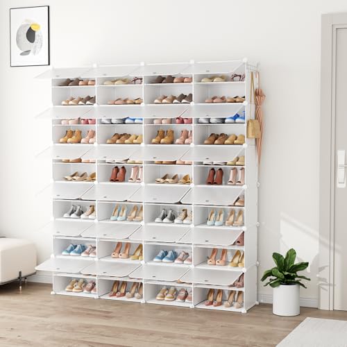 Shoe Rack Organizer 12 Tier Shoe Storage Cabinet with Door 96 Pair Tall Shoes Rack Expandable Free Standing Sturdy Plastic Easy Assembly Shoes Shelf for Closet Entryway Bedroom Hallway White - size: 48" Wide-96 Pairs