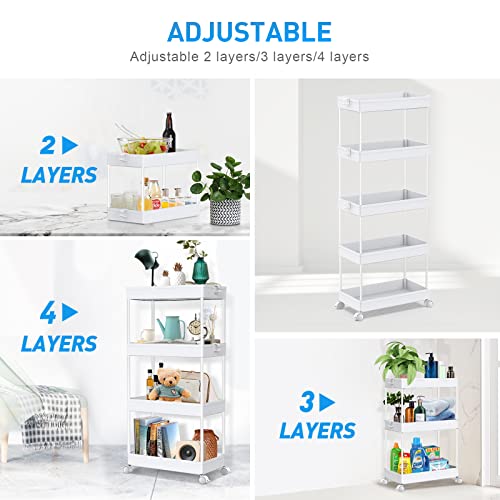 SPACEKEEPER 5-Tier Storage Cart Organizer Rolling Utility Cart, Mobile Shelving Unit Slide Out Storage Shelves for Kitchen Living Room Bathroom Laundry Room & Dressers, White - color: White, size: 5 Tier
