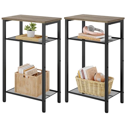 Hoctieon 2-Set 3 Tier End Table, Telephone Table Set of 2, Tall Side Table with Storage Set of 2, Small Nightstand for Small Spaces, Metal Frame, for Living Room, Bedroom, Sofa Couch, Hallway, Greige - color: Greige, size: 2 Pack