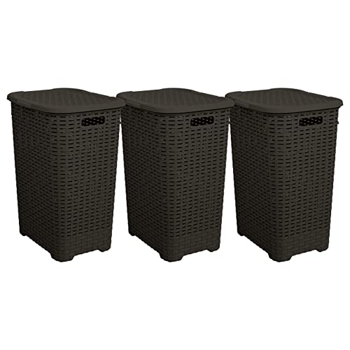 Plastic Laundry Hamper with Lid 3 Pack Laundry Hamper Basket, Brown Tall Cloths Hamper Organizer with Cut-out Handles. Space Saving for Laundry Room Bedroom Bathroom, Wicker Design 60 Liter - color: Brown, size: 3-pack