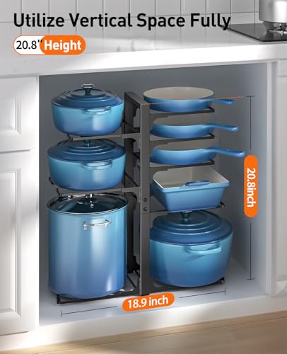 ORDORA Pots and Pans Organizer: under Cabinet, 20.8" Height Heavy Duty 120LBS Pots Pans Organizer Rack for under Cabinet 8-Tier Adjustable for Big Stockpots, Dutch Oven, Cast-iron Pans, Heavy Cookware - size: L-21"H-HeavyDuty