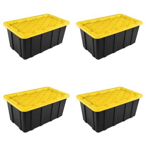 Sterilite 38 Gal Industrial Tote, Stackable Storage Bin with Snap-Fit Lid for Garage, Basement & Attic Storage, Black Base and Yellow Lily Lid, 4-Pack - size: 38 Gallon