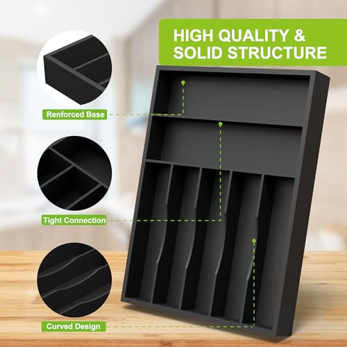 Unibambou Sliverware Organizer, Bamboo Kitchen Drawer Organizer, Flatware Organizer Tray Holder for Sliverware, Utensil & Cutlery (Black, 7 Slots) - color: Black, size: Large 12.5x16.5 Inch