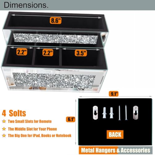GOTHICO Mirrored Remote Holder, Wall or Tabletop Mounted Crush Diamond Bling Decoration Organizer Storage Caddy for Remote Phone Pad Notebook Makeup Brush,4 Slots in 3 Sizes,9.1"×6.1"×4.8"