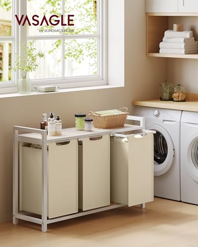VASAGLE Laundry Hamper, Laundry Basket Sorter with 3 Pull-Out and Removable Bags, Shelf, Metal Frame, 3 x 10.6 Gallons (40 L), 36.4 x 13 x 28.4 Inches, Cappuccino Beige and Natural Beige UBLH301LH01 - color: Cappuccino Beige + Natural Beige, size: 3 Bags