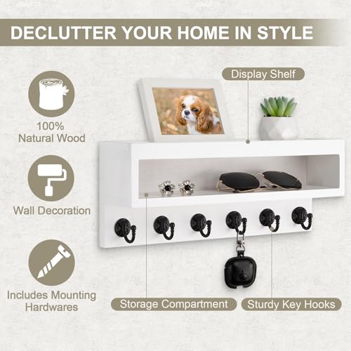 Key and Mail Holder Wall Mount, Key Hanger with Long Storage Box and 6 Hooks for Coat, Dog Leash, Home Decor Rack, House Accessories, Entry Way Organizer (White) - color: White