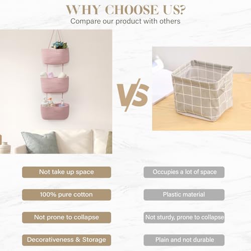 TeoKJ Over the Door Hanging Basket, 3-Tier Woven Cotton Wall-Mounted Storage Organizer Bag Decorative Hanging Nursery Baskets, Pink - color: Pink