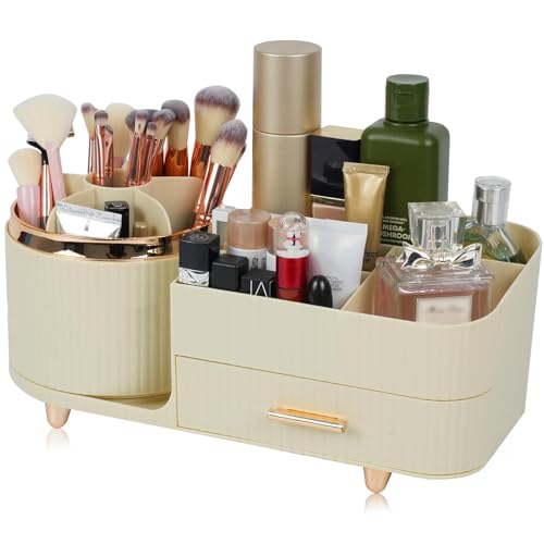 Makeup Organizer Countertop with Drawer 360 Rotating Brush Holder Storage Large Capacity Skincare Cosmetic Display Cases for Vanity Bathroom Desktop, Model 3016 Cream - color: Cream