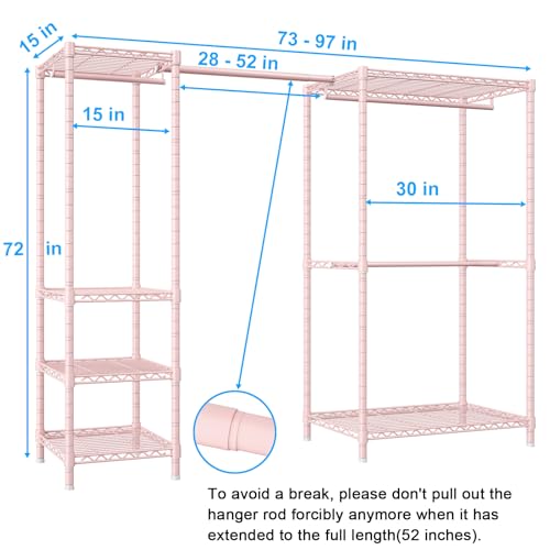 Ulif E10 Clothes Rack（With Stretchable Hanger Rod）Freestanding Clothing Racks for Hanging Clothes，Adjustable Closet Organizer System，Portable Garment Rack 73-97"W x 15" D x 72" H，Max Load 800LBS，Pink - color: Pink