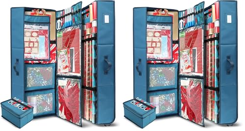 Hearth & Harbor Holiday Storage with Christmas Bins and Ribbon Organizer - Fade Resistant Wrapping Paper Containers with Wheels Fits Up to 30 Rolls (Pack of 2) - color: Blue, size: Extra Large (Pack of 2)