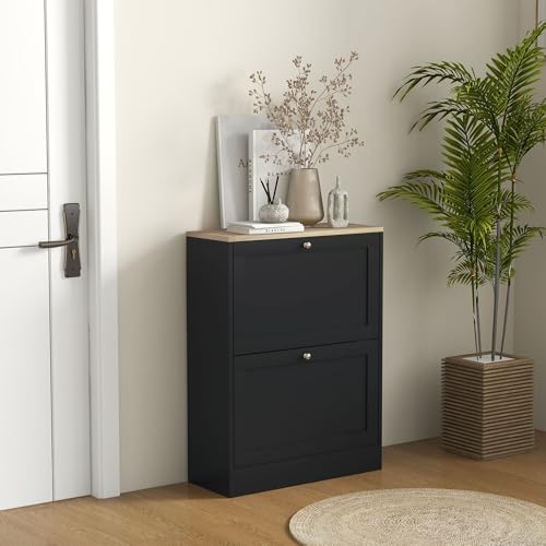 HOMCOM Shoe Storage Cabinet with 2 Flip Drawers, Wooden Freestanding Shoe Organizer with Adjustable Shelves for Entryway, Hallway, Black - color: Black, size: 23.6" x 9.3" x 31.5"