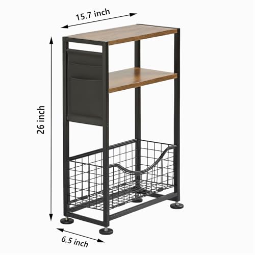 Skinny Side Table with Storage, 3 Tier Slim Side Tables for Small Spaces, Skinny End Table Narrow Bedside Table Narrow Side Table for Living Room, Bedroom - color: Rustic Brown