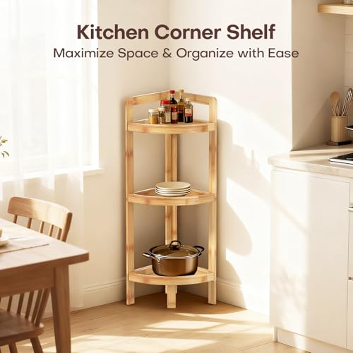 2026 New Bamboo Standing Shelf, 3 Tier Corner Shelf Stand, Free-Standing Shelf Units, Triangular Curved Corner Shelf Stand for Space-Saaving Display Ideal for Bathroom/Kitchen/Living Room Storage - size: 3-Tier