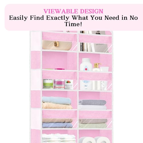 Over The Door Organizer 6 Tiers, Extra Large Behind Door Storage of 12 Compartments, 80 lbs Weight Capacity Hanging Storage Organizer with Clear Window Kids Toys,Shoes,Diapers,Room Storage,Pink - color: Pink - 6 Tiers