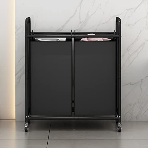 SUOERNUO Laundry Hamper Basket 2 Bag Laundry Sorter Cart with Rolling Lockable Wheels and Removable Bags Laundry Organizer Cart for Clothes Storage, Black - color: Black, size: 2 Bags